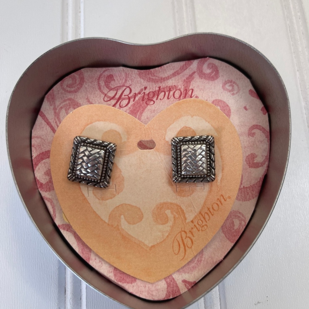 Brighton Silver Kennedy Post Earrings J9230 Basket Weave‎ Square Studs with Tin